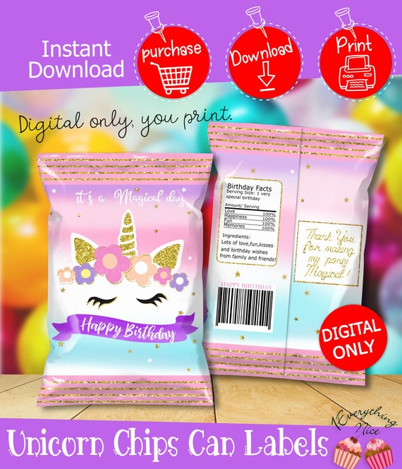 Instant Download Unicorn Chip Bag Labels Wrappers Printable Etsy - girl roblox chip bag labels pink girl roblox snack bag label etsy