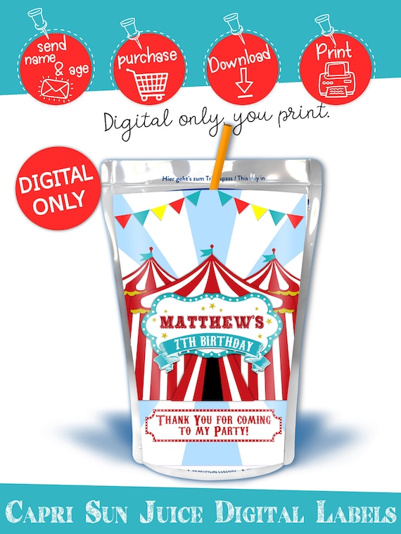 DIGITAL DOWNLOAD Carnival Birthday Capri Sun Juice Labels Digital Printable Il_570xn