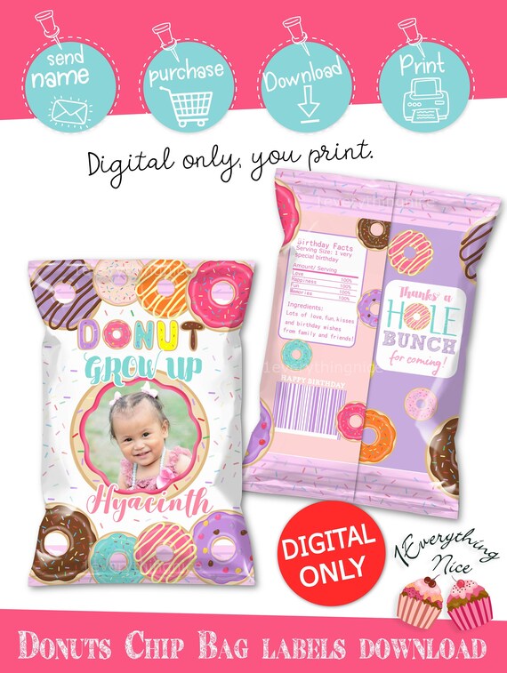 DIGITAL DOWNLOAD Donut Grow Up Donuts Birthday Chip Bag Labels Chip Bags Digital Printable Il_570xn