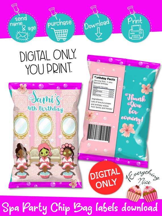 Spa Party Theme Chip Bag Wrapper Birthday Digital Printables Labels Personalized Bundle DIY Printable Set Digital Download Il_570xn