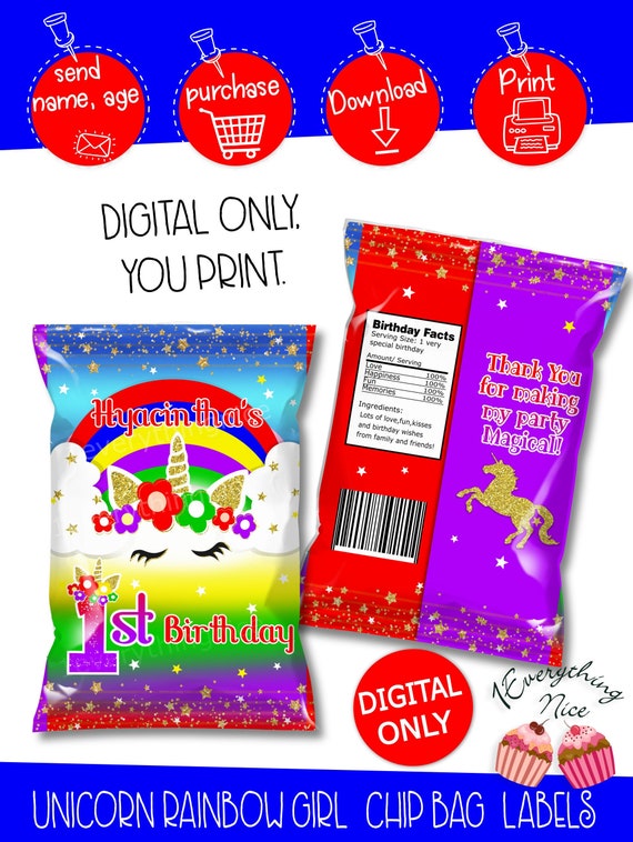 DIGITAL DOWNLOAD Rainbow Unicorn Chip Bag Labels Printable Digital Download Il_570xn