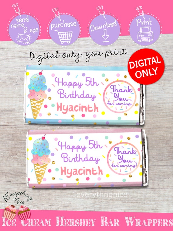 DIGITAL DOWNLOAD Ice Cream Birthday Hershey Bar Wrappers Candy Bar Chocolate Bar Labels Digital Printable Il_570xn