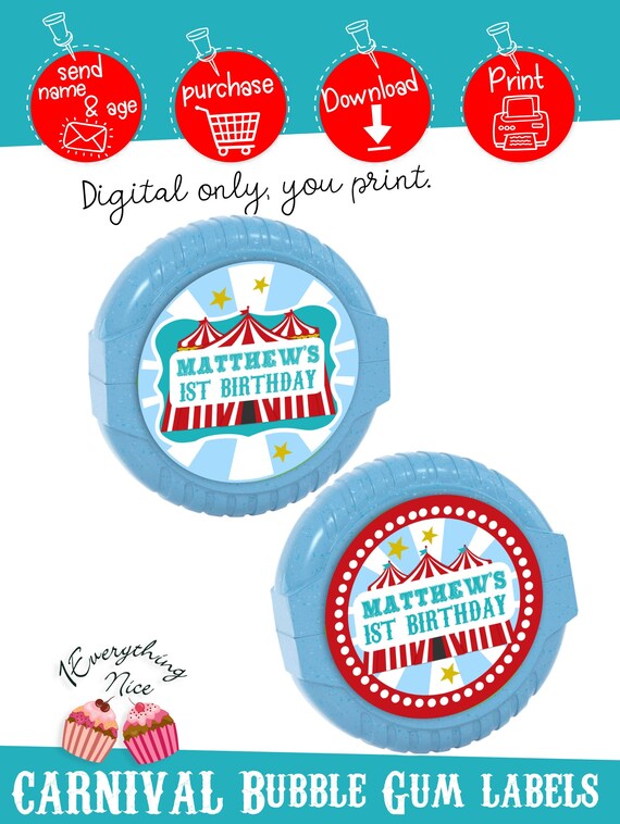 DIGITAL DOWNLOAD Carnival Circus Birthday Party Theme Bubble Gum Tape Labels Printables Il_570xn