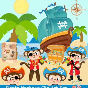 Conjunto de imágenes prediseñadas de monos piratas, monos y niños