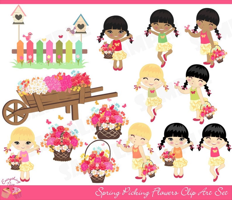 Spring, Picking Flowers Clip Art Set image 1