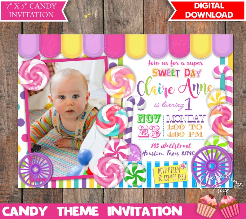 Candy Theme Birthday Invitation Digital Download image 1