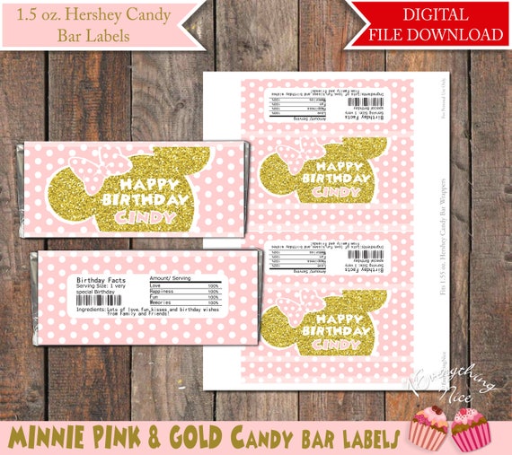 Minnie Mouse Pink and Gold 1.55 oz Chocolate Hershey Candy Bar Wrappers Personalized Printable Digital Download Il_570xn