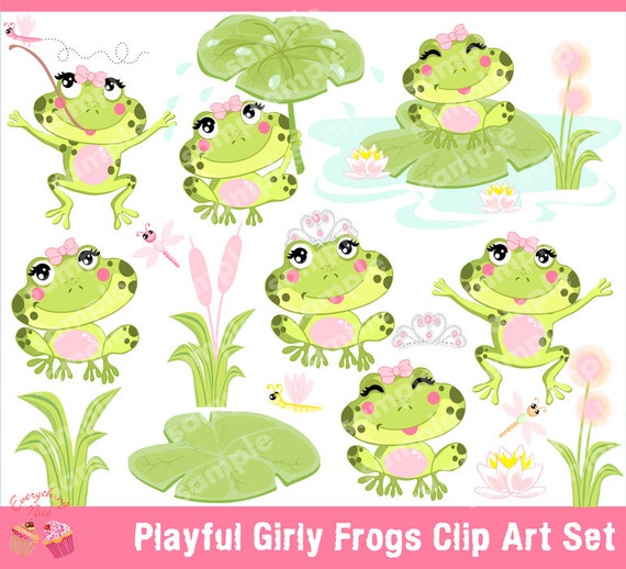 Playful Girly Frogs Clipart Set Il_570xn