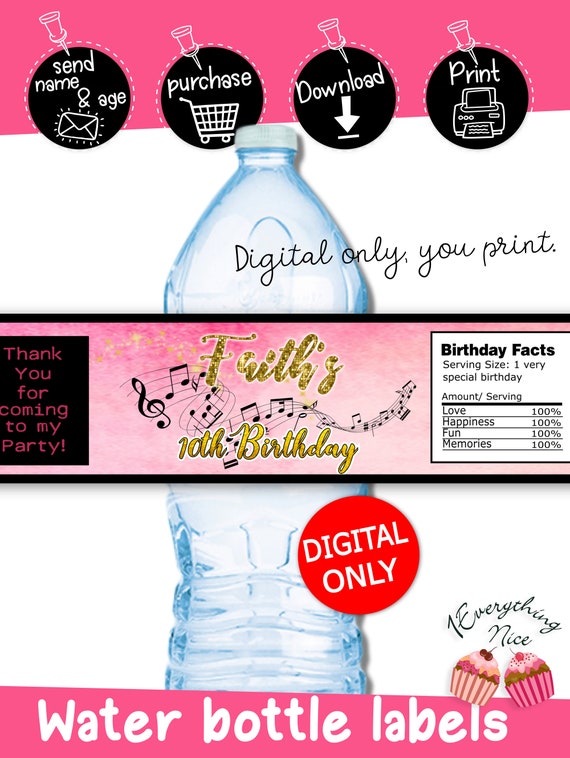 DIGITAL DOWNLOAD Pink Gold and Black Music Disco Theme Water Bottle Labels Wrappers Printable Digital Download Il_570xn