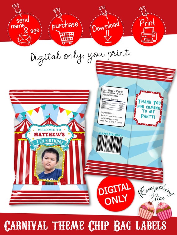 DIGITAL DOWNLOAD Carnival Circus Birthday Chip Bag Labels Carnival Chip bags Digital Printable Il_570xn