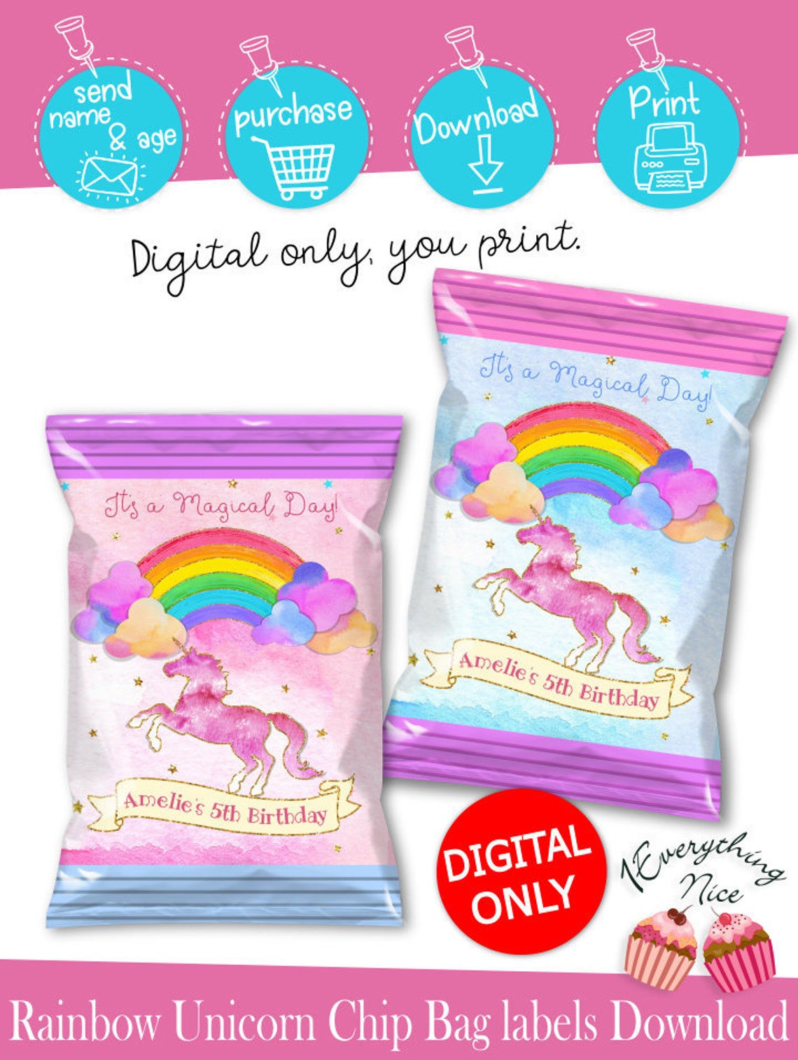 digital download rainbow unicorn chip bag labels printable etsy