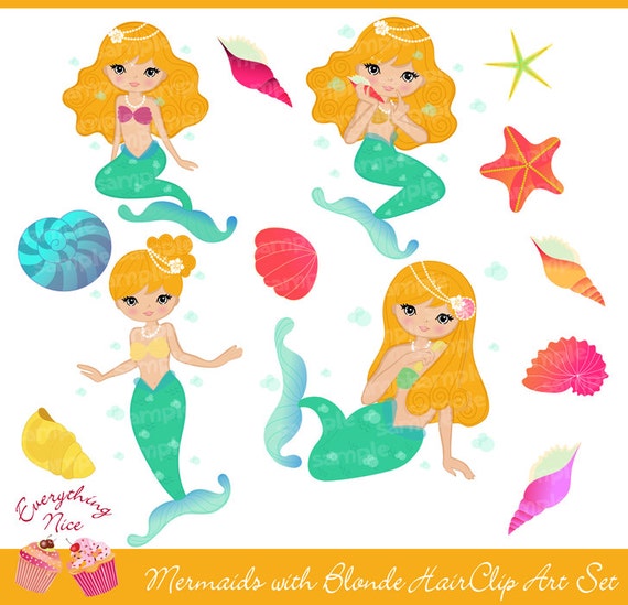 Mermaids with Blonde Hair Clipart Set Il_570xn