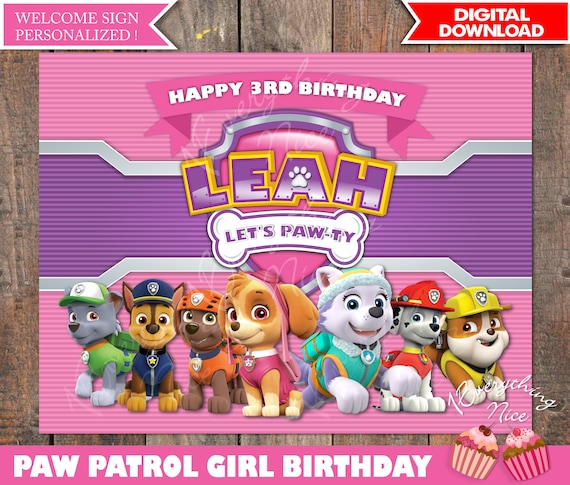 paw patrol theme pink happy birthday sign personalized by