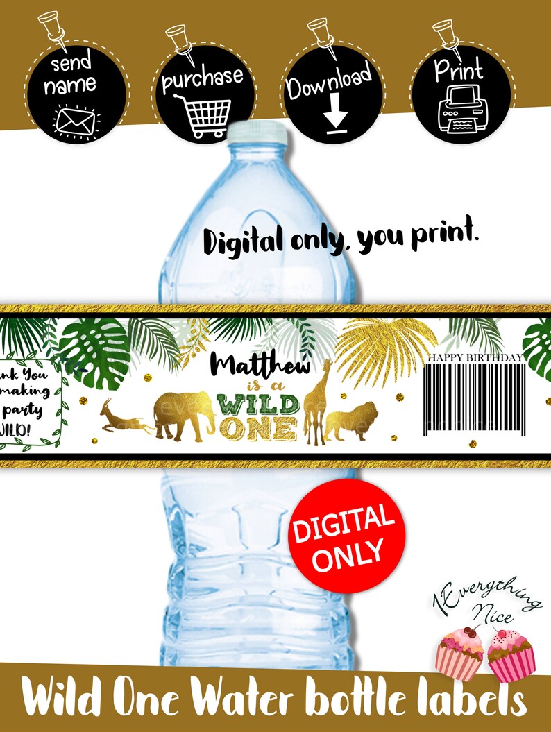 DIGITAL DOWNLOAD Wild One Theme Birthday Water Bottle Labels Wrappers Digital Printable image 1