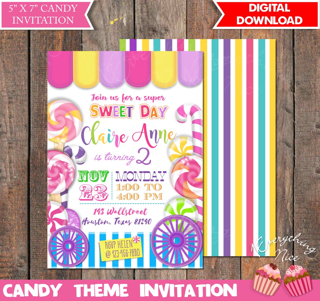 Candy Theme Birthday Invitation With Backside Printable Digital ...