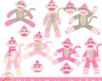 Pink Sock Monkeys Clip Art Set