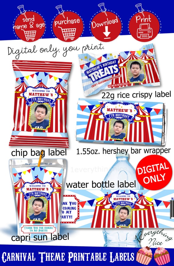 Circus Carnival Theme Red and Blue Birthday Digital Printables Labels Personalized DIY Printable Set Digital Download Il_570xn