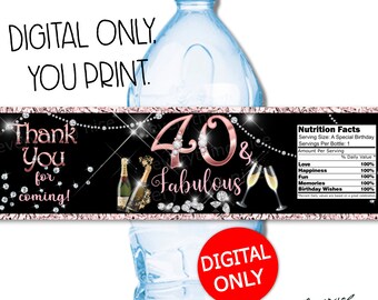 INSTANT DIGITAL DOWNLOAD 40 and fabulous Rose Gold and Diamonds Theme Water Bottle Labels Digital Printable