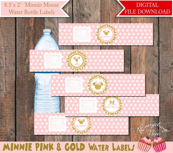 Minnie Mouse Pink and Gold Digital Water Bottle Drink Wrappers Labels Printable Download Il_570xn
