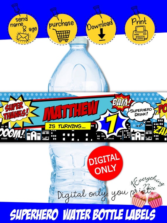 DIGITAL DOWNLOAD Super Hero superhero Theme Water Bottle Labels Wrappers Digital Printable Il_570xn
