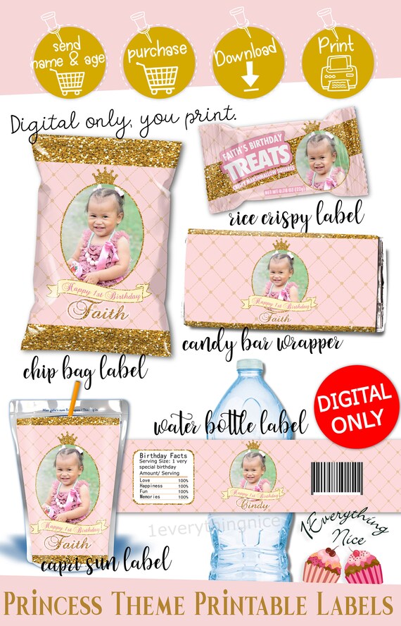DIGITAL DOWNLOAD Pink Princess Theme Birthday Digital Printables Labels Personalized DIY Bundle Il_570xn