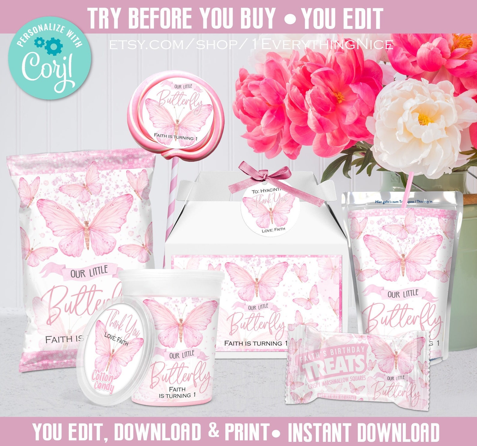 Pink Butterfly Label Editable DIGITAL Instant DOWNLOAD Pink Butterfly Butterflies Theme ...
