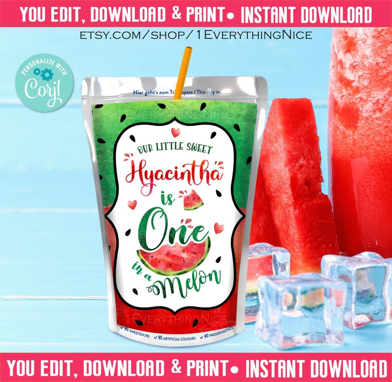 One in a Melon Instant Editable Digital DOWNLOAD Watermelon Theme Juice Labels Birthday Printable image 4