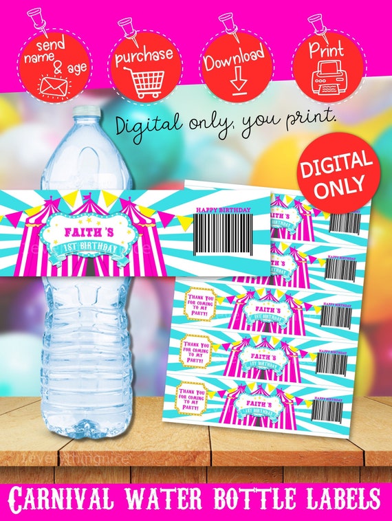 Instant Download Pink Circus or Pink Country Fair Party PDF and Jpeg Print Your Own Water Bottle Labels