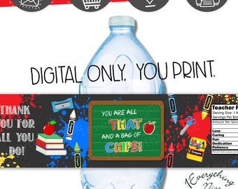 DIGITAL DOWNLOAD Teacher's Appreciation Theme Water Bottle Labels Printable Digital Download