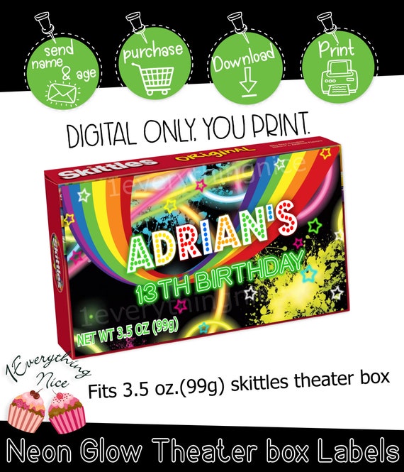 DIGITAL DOWNLOAD Neon Glow Theme Skittles Theater Box Labels Digital Printable Il_570xn