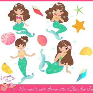 Mermaids with Brown Hair Clipart Set