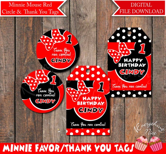 Minnie Mouse Red Circle and Thank you Favor Tags Printable Digital Download Il_570xn
