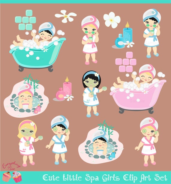 Cute Little Spa Girls Blonde Black Hair Clip Art Set Etsy