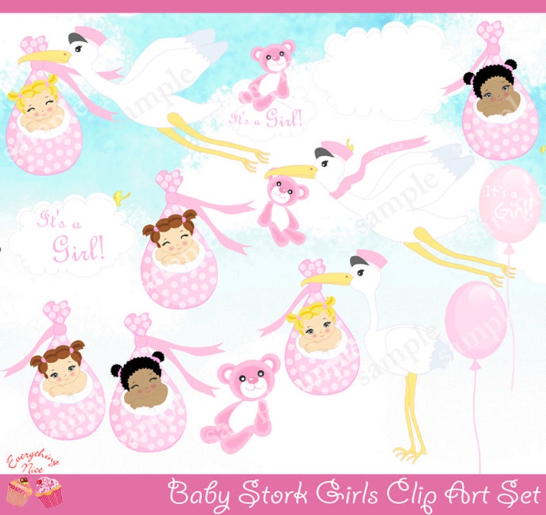 Baby Stork Girls Clipart Set image 1