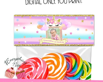 DIGITAL DOWNLOAD Unicorn Theme 6.5" x 2.5" Treat Bag toppers Digital Printables