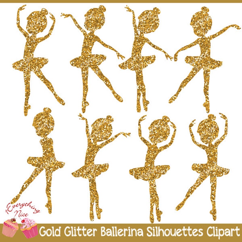 Gold Glitter Ballerina Silhouettes 2 Clipart Set image 1