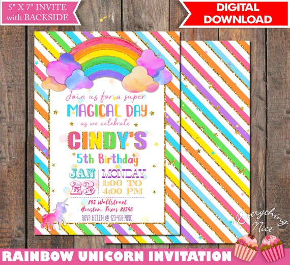 Rainbow Unicorn Invitation Printable Digital Download Il_570xn