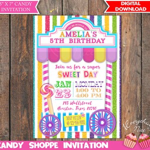 Convite de aniversário com tema Candy Sweet Shoppe com parte traseira e cartão de agradecimento