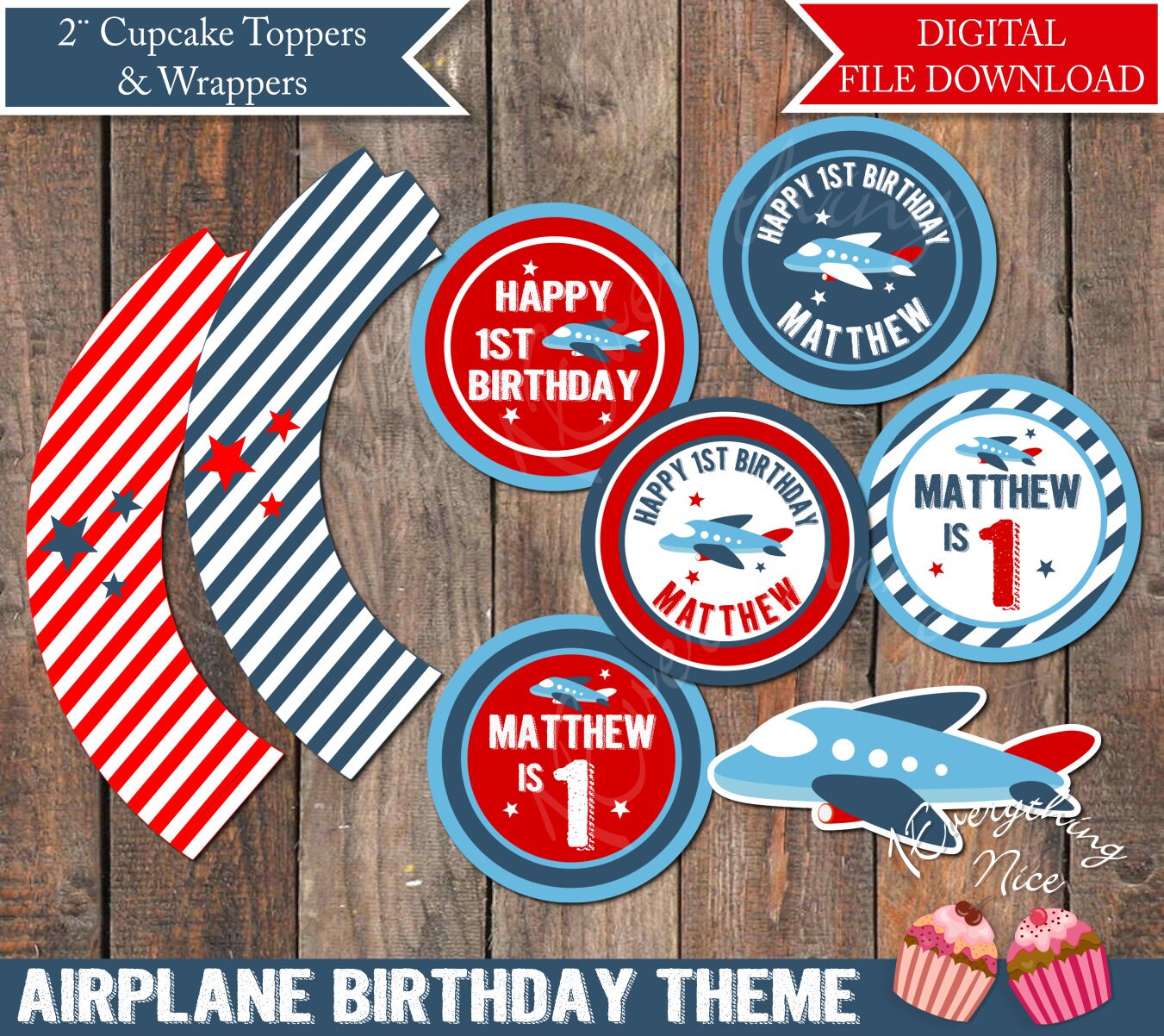 Airplane Birthday Theme Cupcake Toppers and Wrappers Printable Etsy