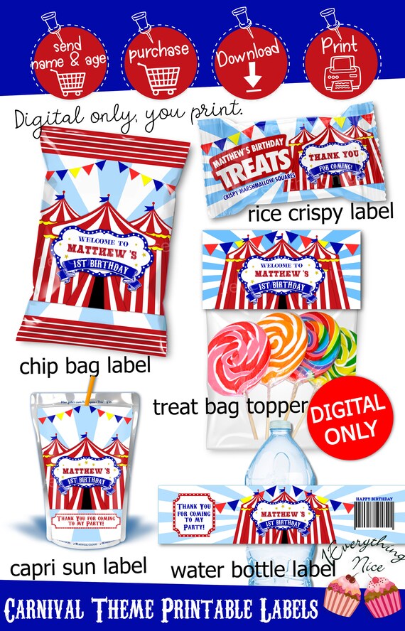 Circus Carnival Theme Birthday Digital Printables Labels Personalized Bundle DIY Printable Set Digital Download Il_570xn