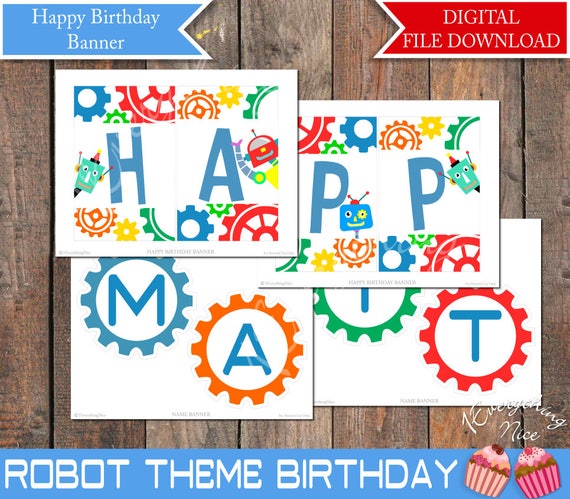 Theme Du Robot Joyeux Anniversaire Banniere Bot Day Avec Nom Etsy France