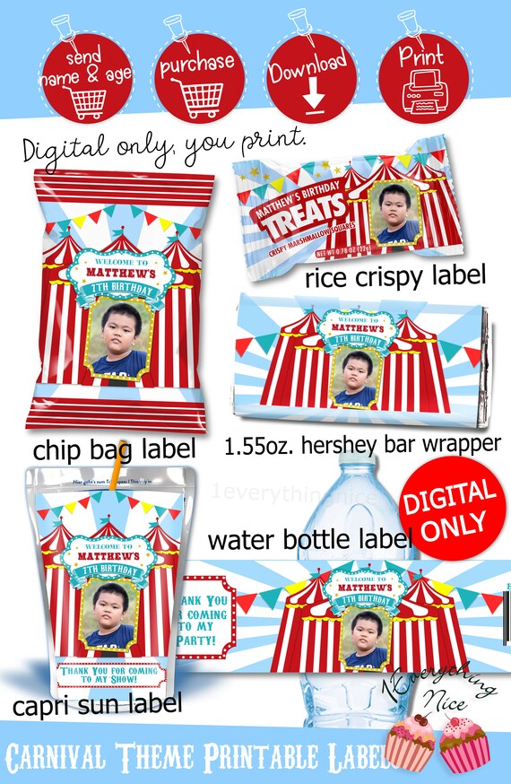 Circus Carnival Theme Birthday Digital Printables Labels Personalized DIY Printable Set Bundle Il_570xn