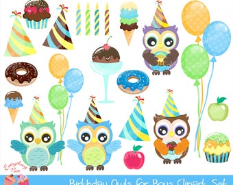 Birthday Owls for Boys Clipart Set