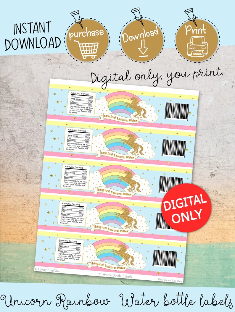 INSTANT DOWNLOAD Unicorn Water Bottle Labels Printable Digital | Etsy