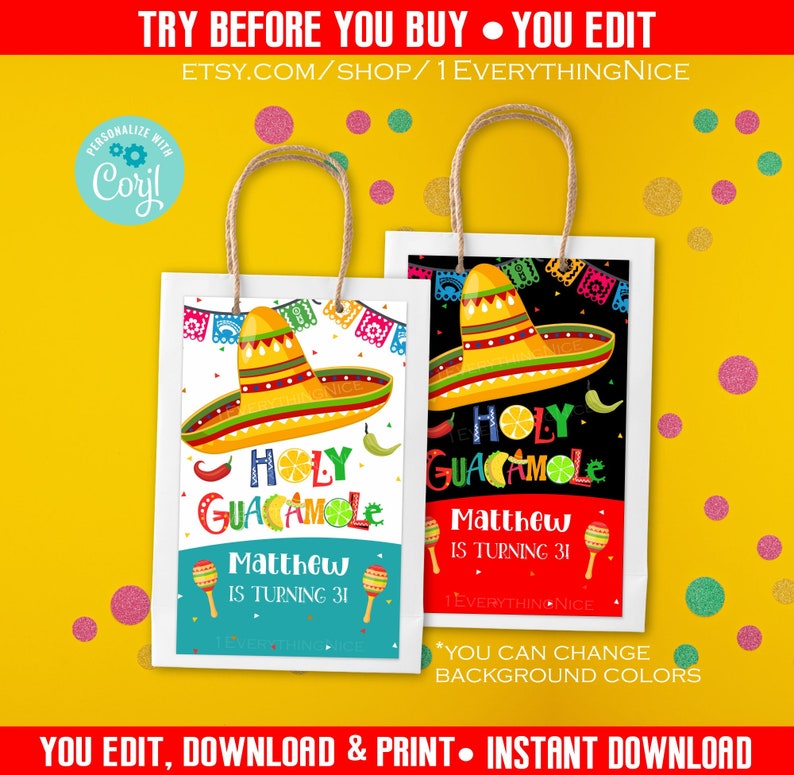 Holy Guacamole Theme Birthday Fiesta Taco Tuesday Cinco De Mayo May 5x8 Gift Paper Bag Label Instant Editable Digital Download Printable image 1