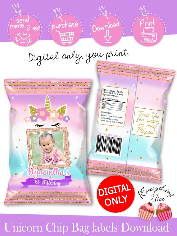 DIGITAL DOWNLOAD Unicorn theme Chip Bag Labels Printable Digital Download Il_570xn