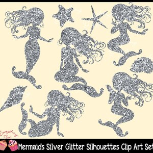 Mermaid Silver Glitter Silhouettes Clipart Set image 1