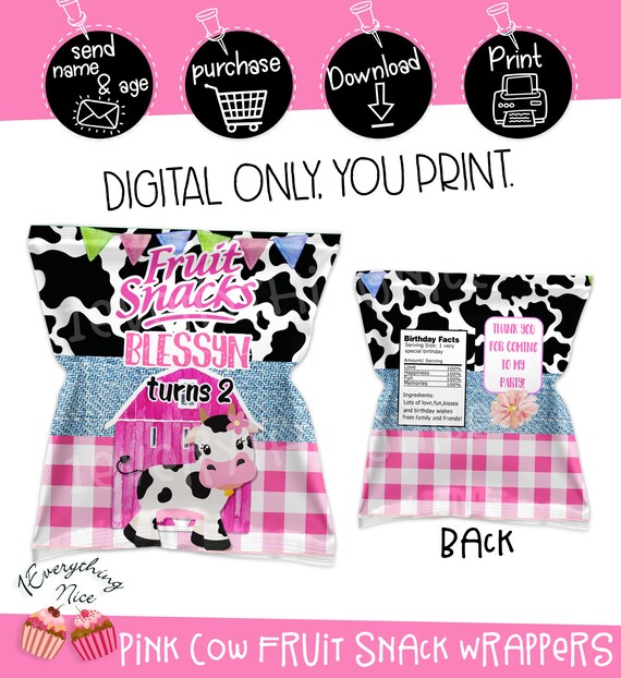 DIGITAL DOWNLOAD Pink Cow Farm Girl Birthday Fruit Snack Wrappers DIGITAL DOWNLOAD Pink Cow Farm Girl Birthday Fruit Snack Wrappers