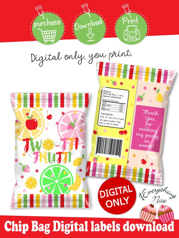 INSTANT DIGITAL DOWNLOAD Tutti Frutti Two-tti Frutti Theme Chip Bag Labels Printable Digital Download Il_570xn