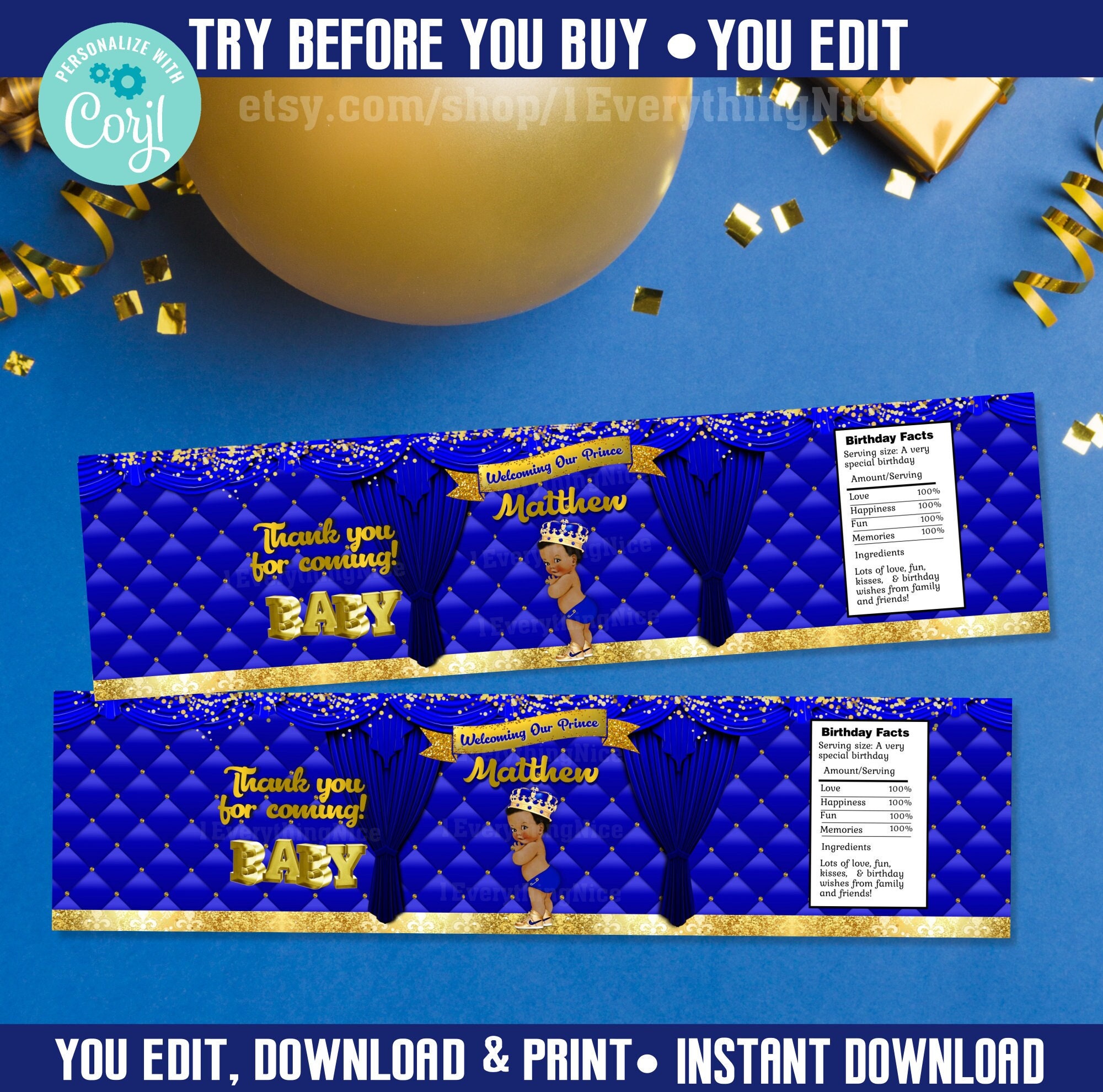 Royal Blue Gold Prince Baby Shower Theme Water Bottle Label Instant DIGITAL DOWNLOAD Template Party Printable 160